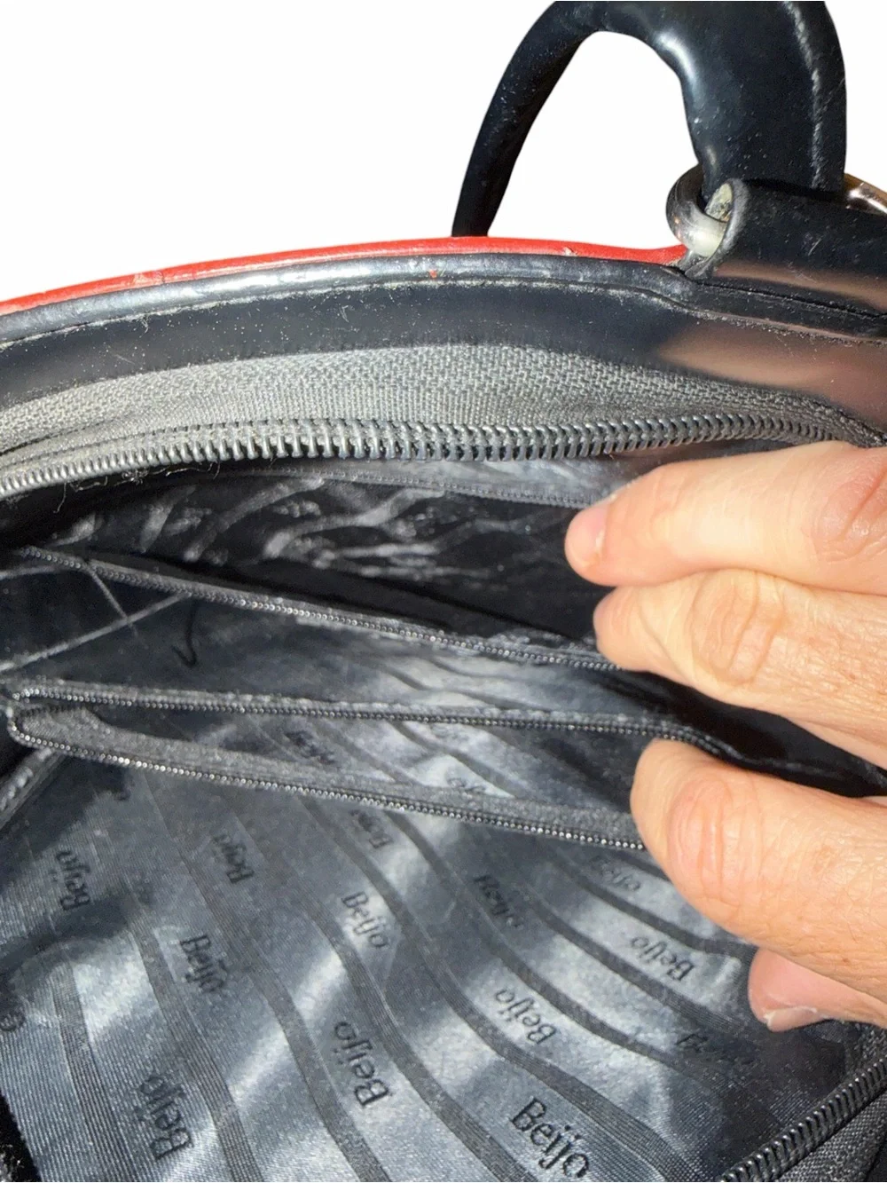 Beijo Red Patent Backpack with Black Front Pocket